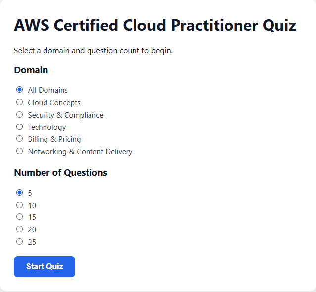 AWS CPC Quiz Trainer Screenshot